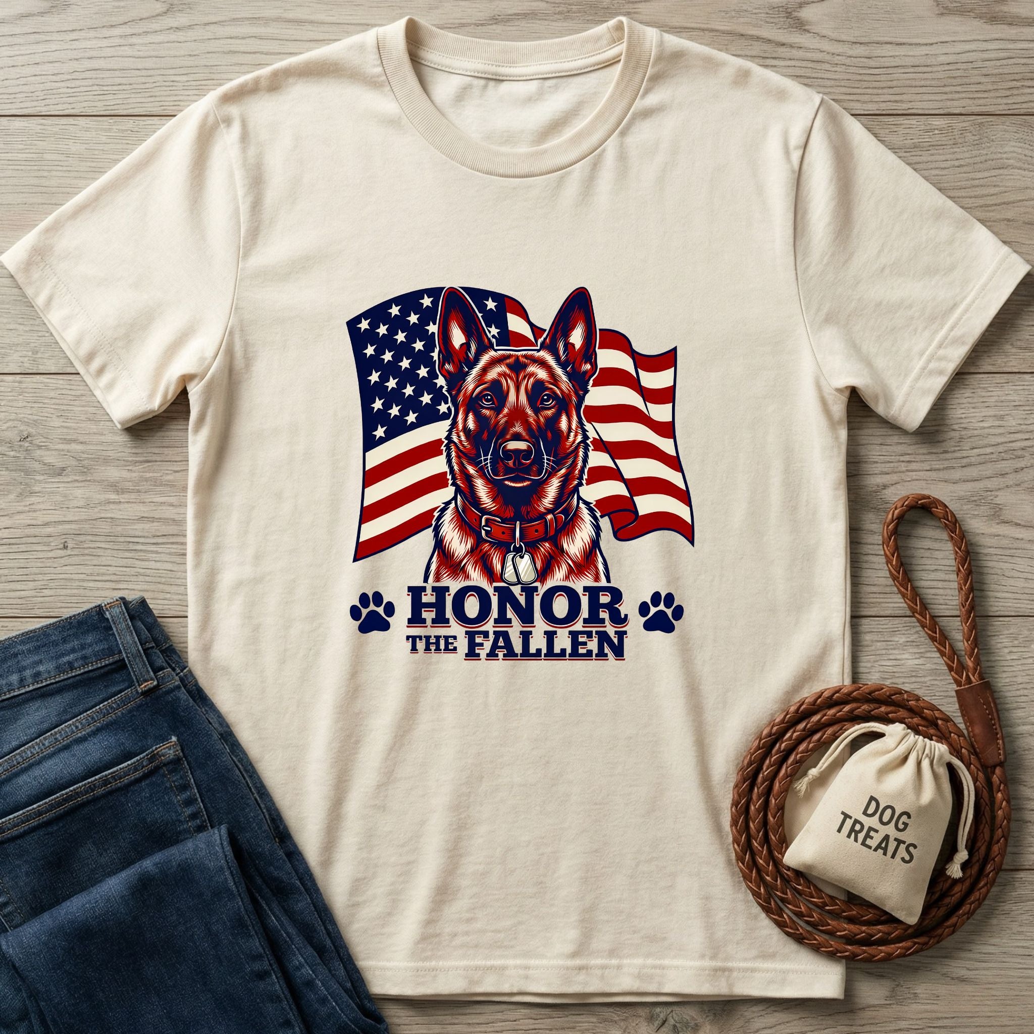 Cream Gildan Softstyle t-shirt with a German Shepherd, American flag, and "Honor The Fallen" text.
