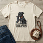 Cream Gildan Softstyle t-shirt with a black dog holding a sock and "Chief Laundry Relocation Officer" text.