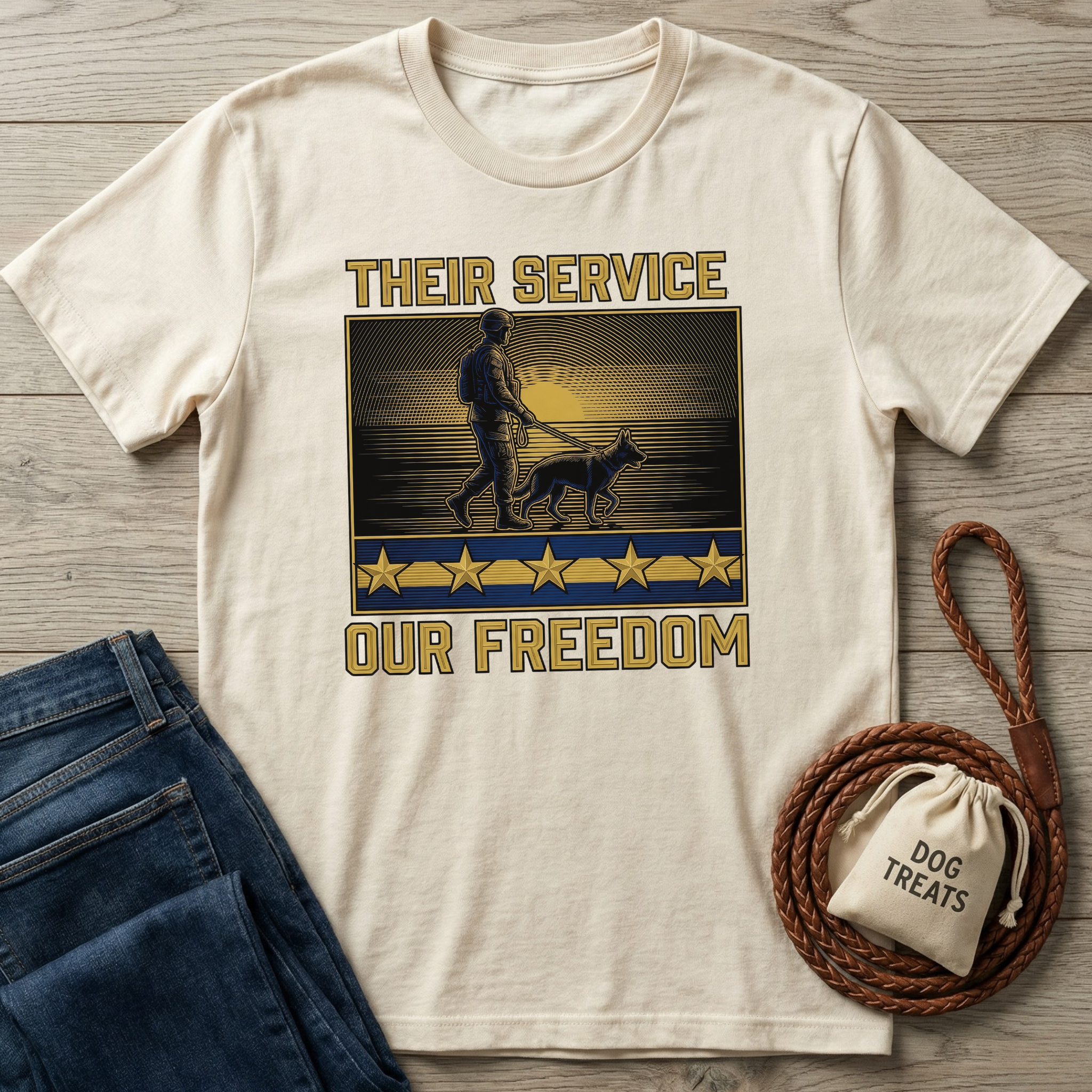 Cream "Their Service Our Freedom" t-shirt with soldier and dog graphic, next to jeans and dog treats bag.