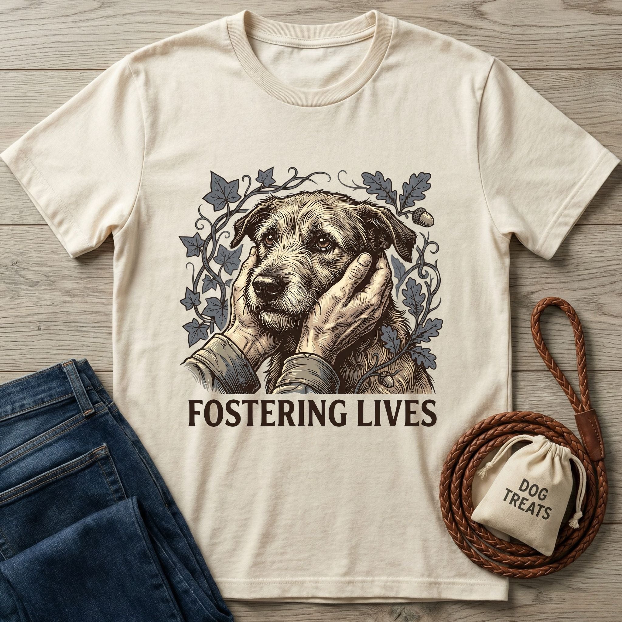 Gildan Softstyle® 64000 cream t-shirt with "Fostering Lives" and a graphic of hands cradling a rescue dog.
