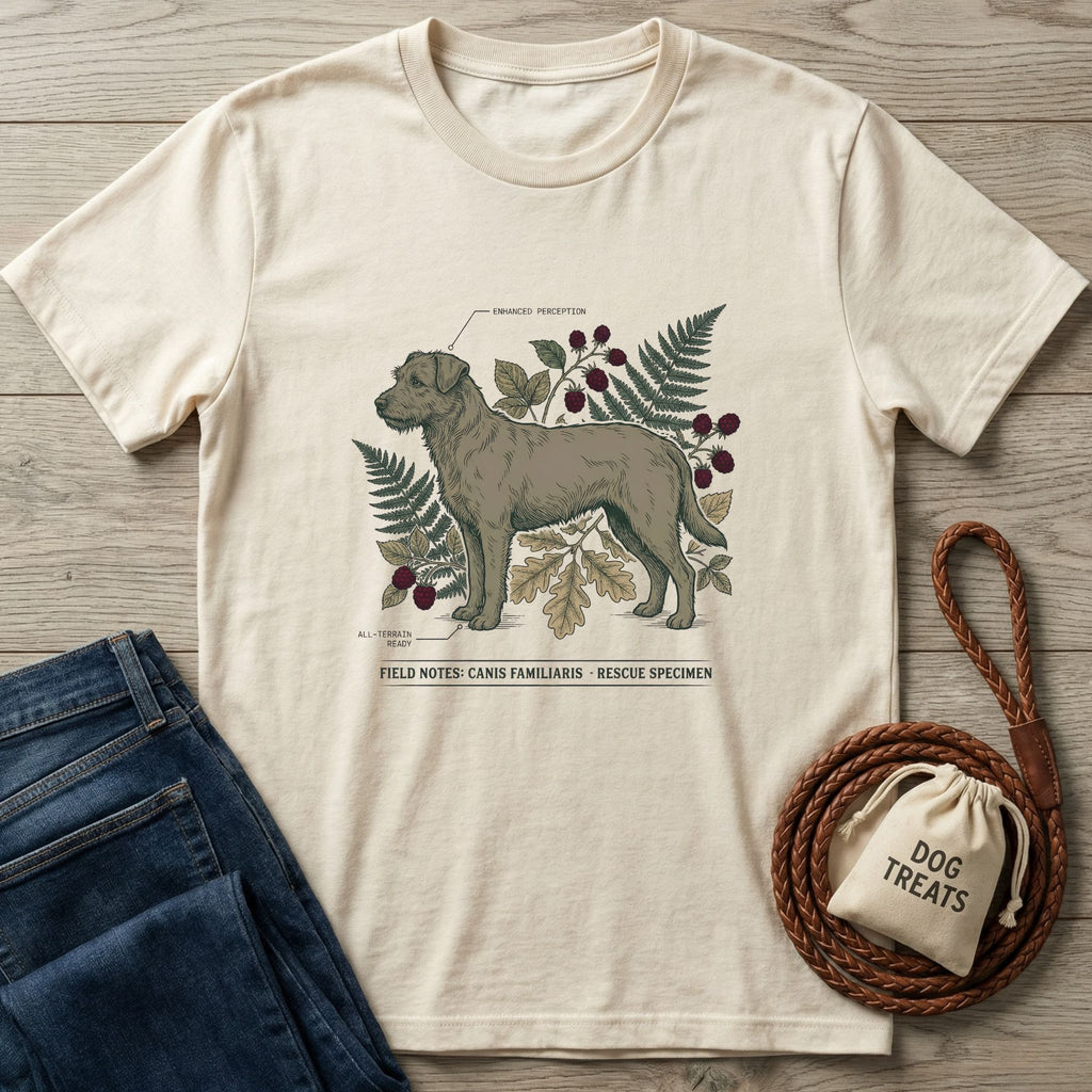 Cream Gildan Softstyle® t-shirt with a detailed graphic of a rescue dog, ferns, and berries.