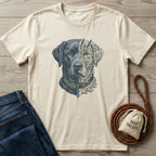 Cream Gildan Softstyle® t-shirt with a black lab and botanical floral design, next to jeans and dog treats.