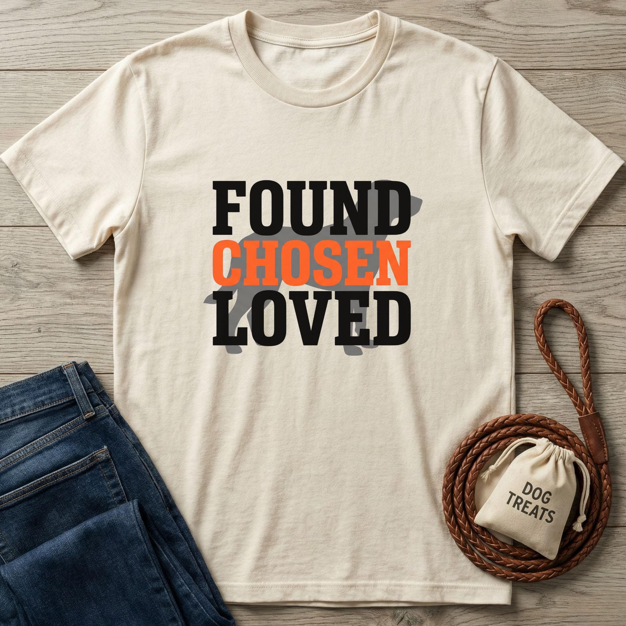 Cream Gildan Softstyle® t-shirt with "FOUND CHOSEN LOVED" text, dark jeans, and dog treats bag.