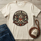 Cream Gildan Softstyle tee with "Rescue Dogs Motorcycle Club" graphic featuring a happy dog in a bandana.