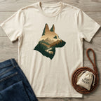 Cream Gildan Softstyle® t-shirt with a mountain and forest silhouette of a dog's head, next to jeans and a treat bag.