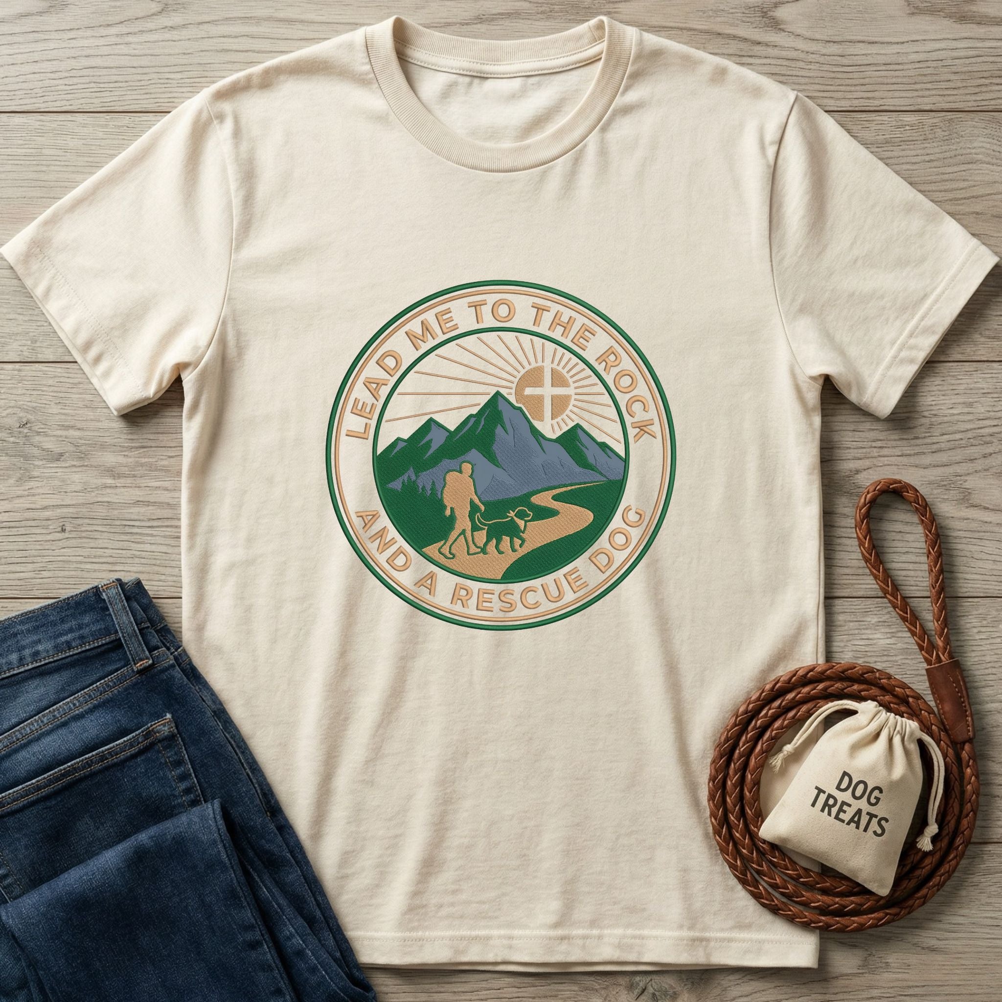 Cream Gildan Softstyle® t-shirt with "Lead Me To The Rock And A Rescue Dog" graphic, jeans, and dog treats bag.