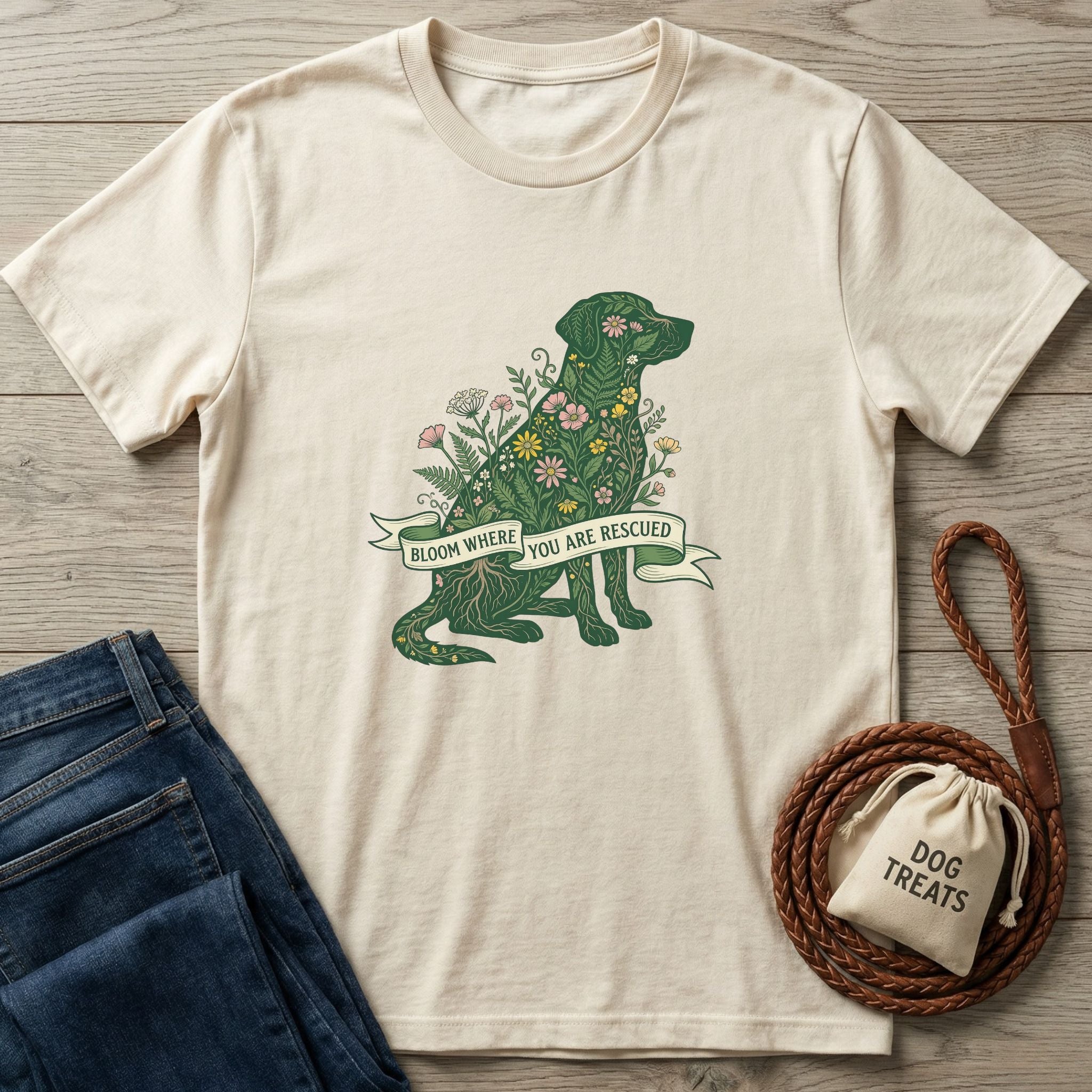 Cream Gildan Softstyle t-shirt with a green, floral dog design and "Bloom Where You Are Rescued" banner.
