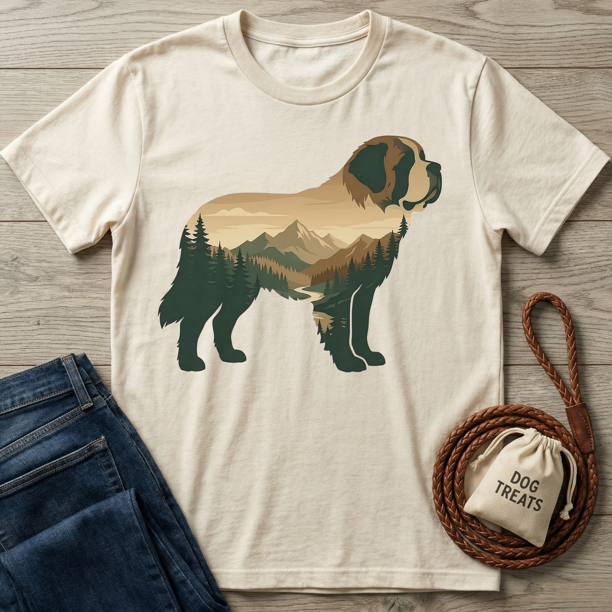 Cream t-shirt with a large St. Bernard silhouette filled with a mountain and forest landscape design.