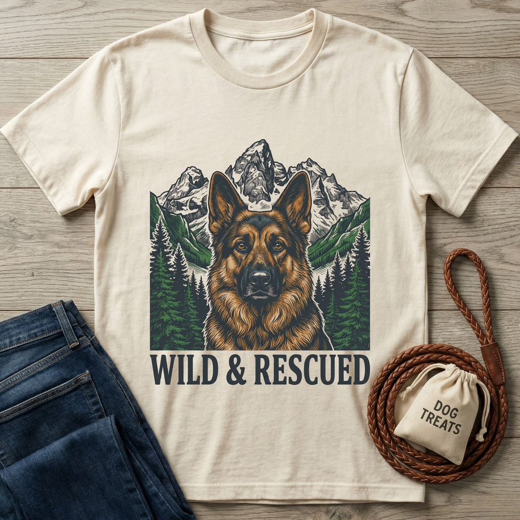 Cream Gildan Softstyle t-shirt with a German Shepherd, mountains, and "WILD & RESCUED" text.