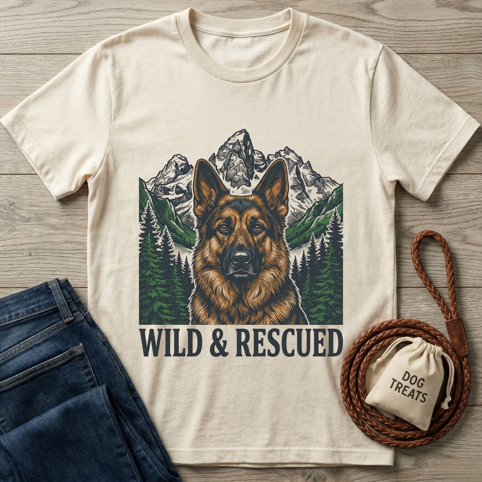 Cream Gildan Softstyle t-shirt with a German Shepherd, mountains, and "WILD & RESCUED" text.