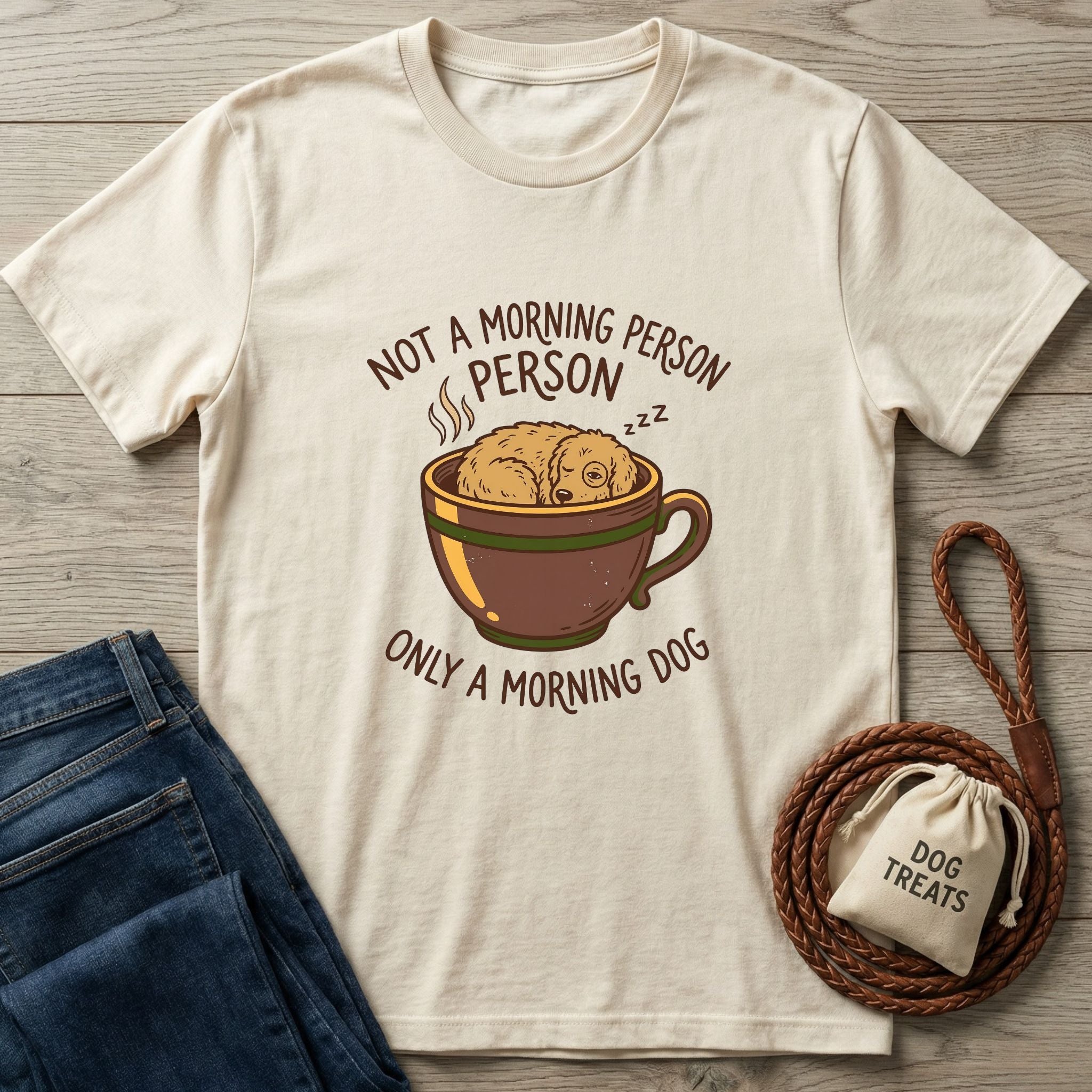 Cream Gildan Softstyle t-shirt with "Not a Morning Person, Only a Morning Dog" text and a sleeping dog in a mug graphic.
