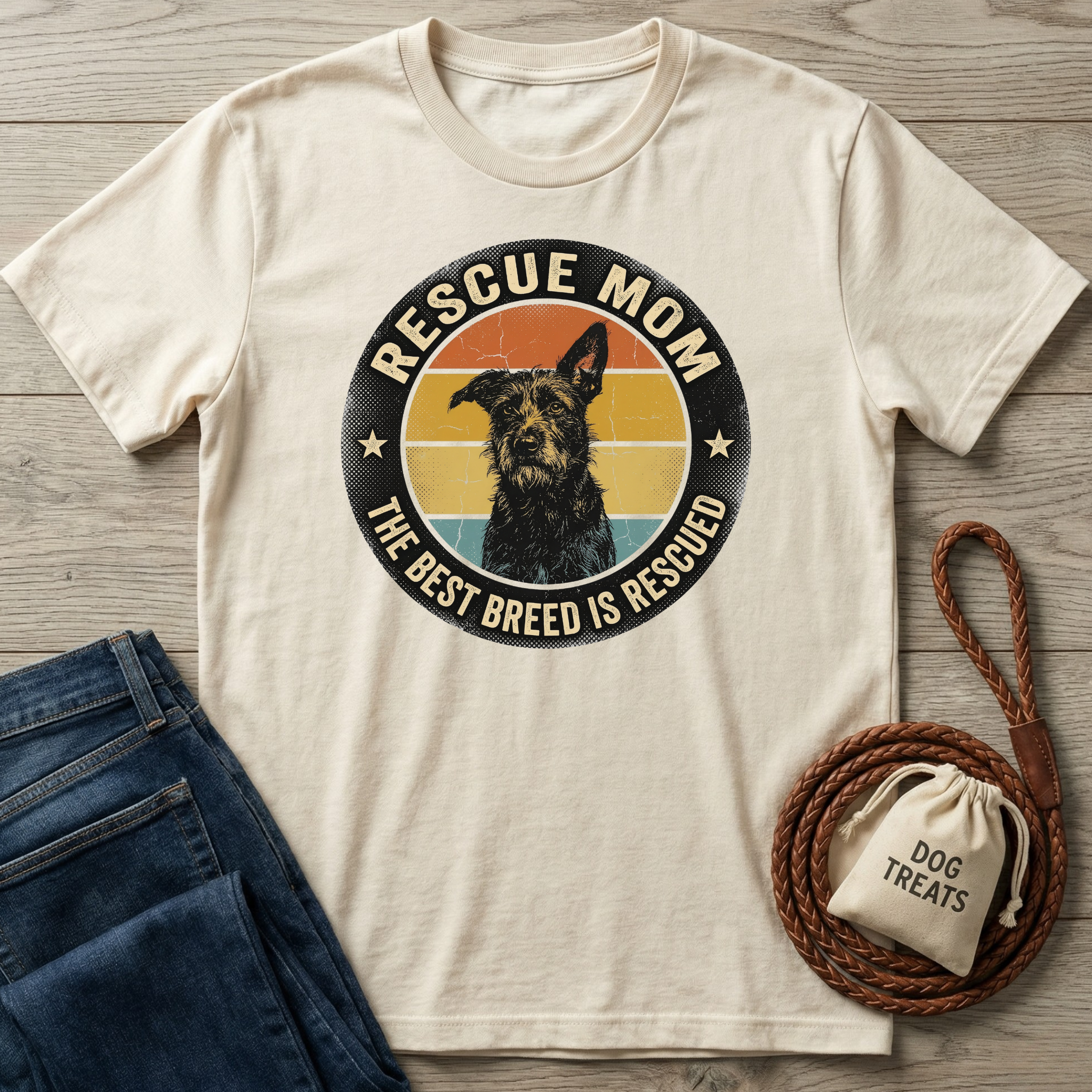 Cream "Rescue Mom" t-shirt with a black dog graphic, vintage sunset, and "The Best Breed Is Rescued" text.