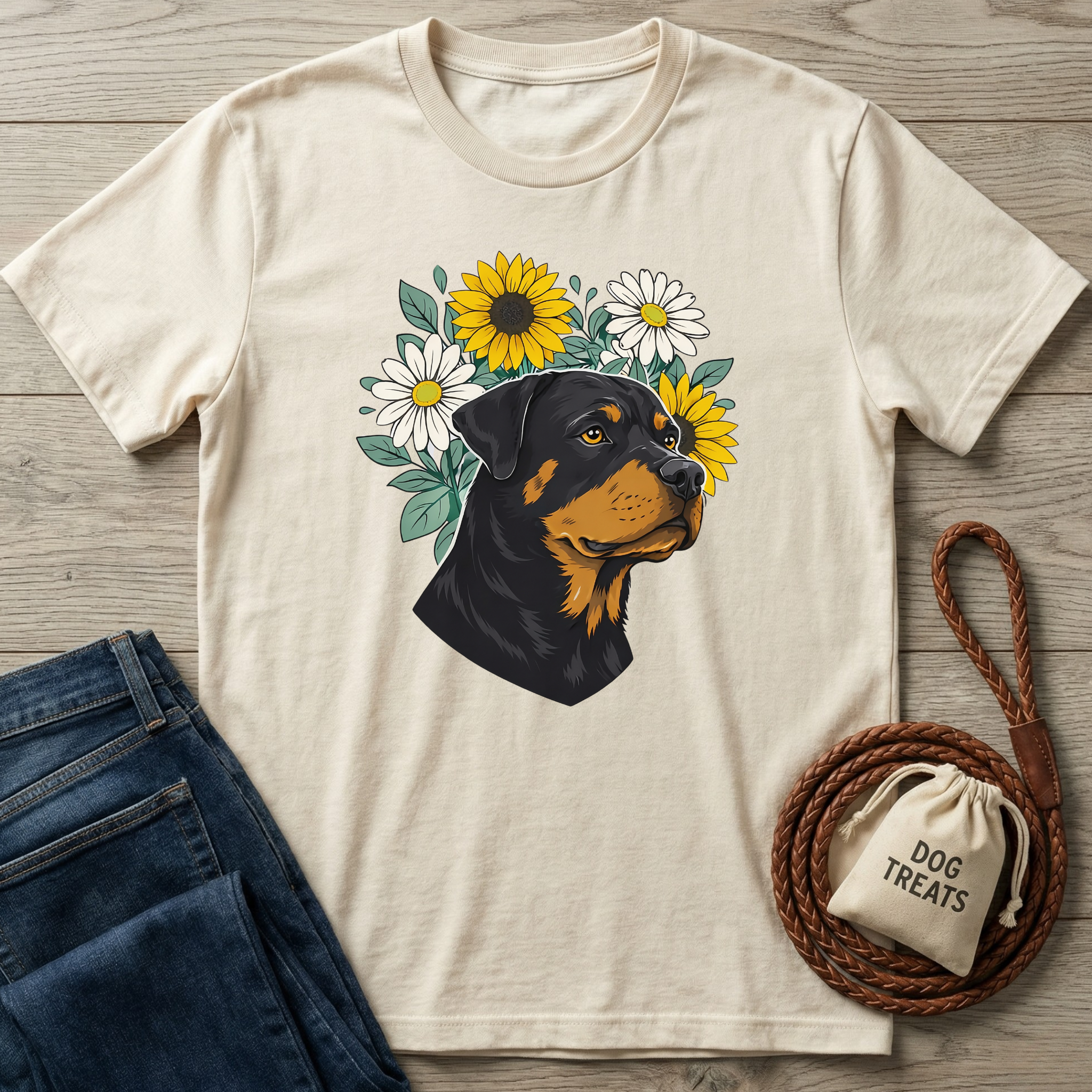Cream cotton t-shirt with a Rottweiler surrounded by yellow sunflowers and white daisies.