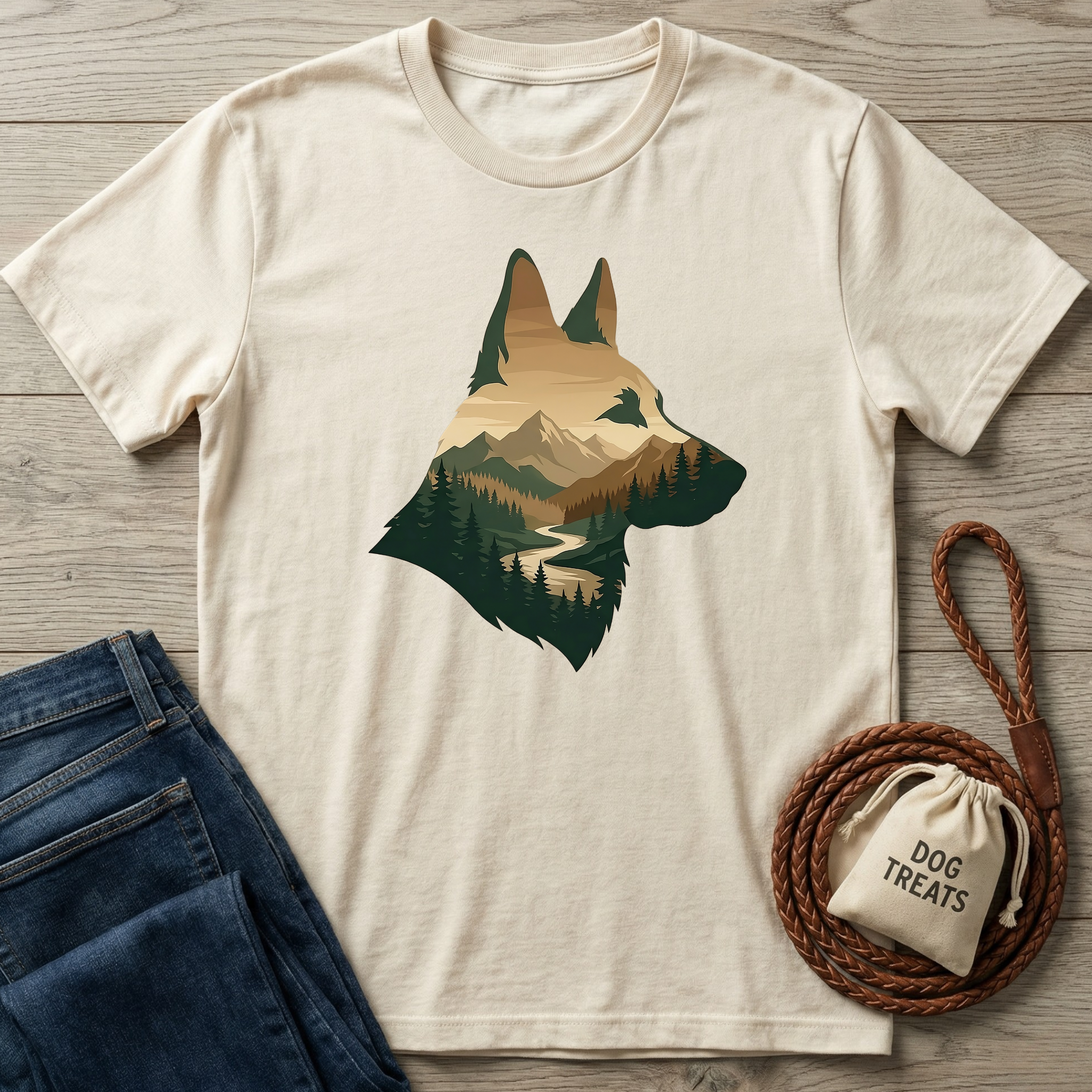 Cream t-shirt with a German Shepherd silhouette filled with a mountain and forest landscape.