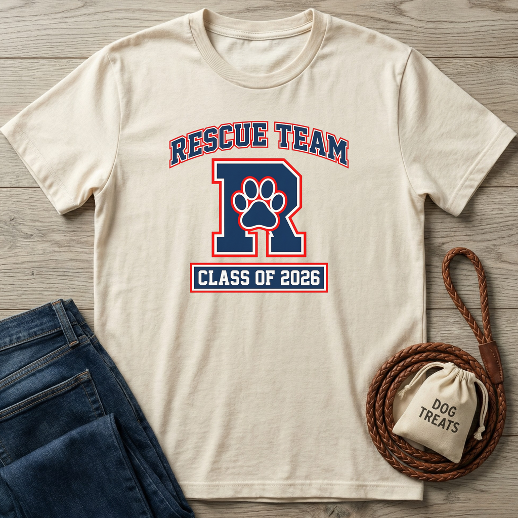 Cream "Rescue Team R Class of 2026" t-shirt with a paw print, next to jeans and dog treats.