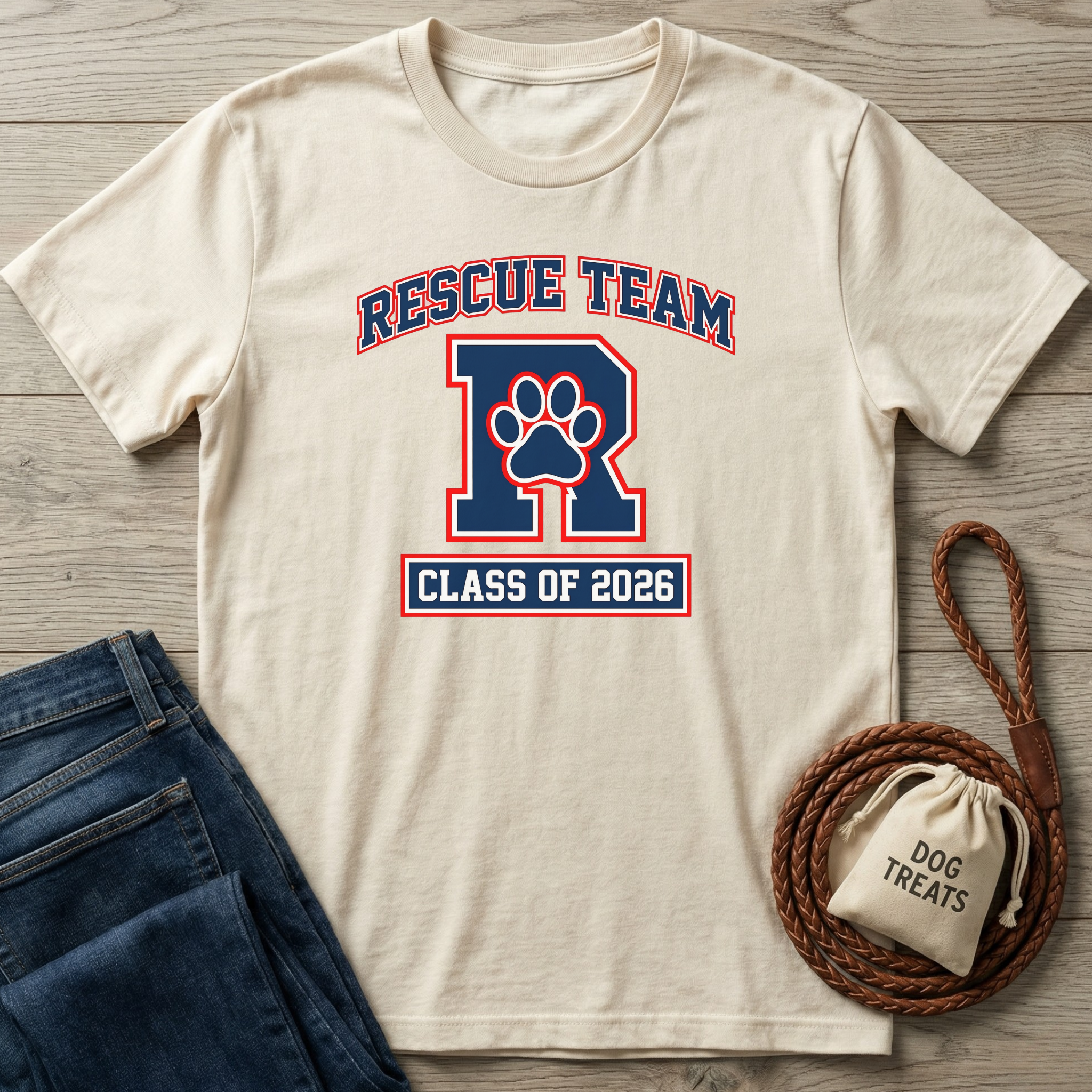 Cream "Rescue Team R Class of 2026" t-shirt with a paw print, next to jeans and dog treats.