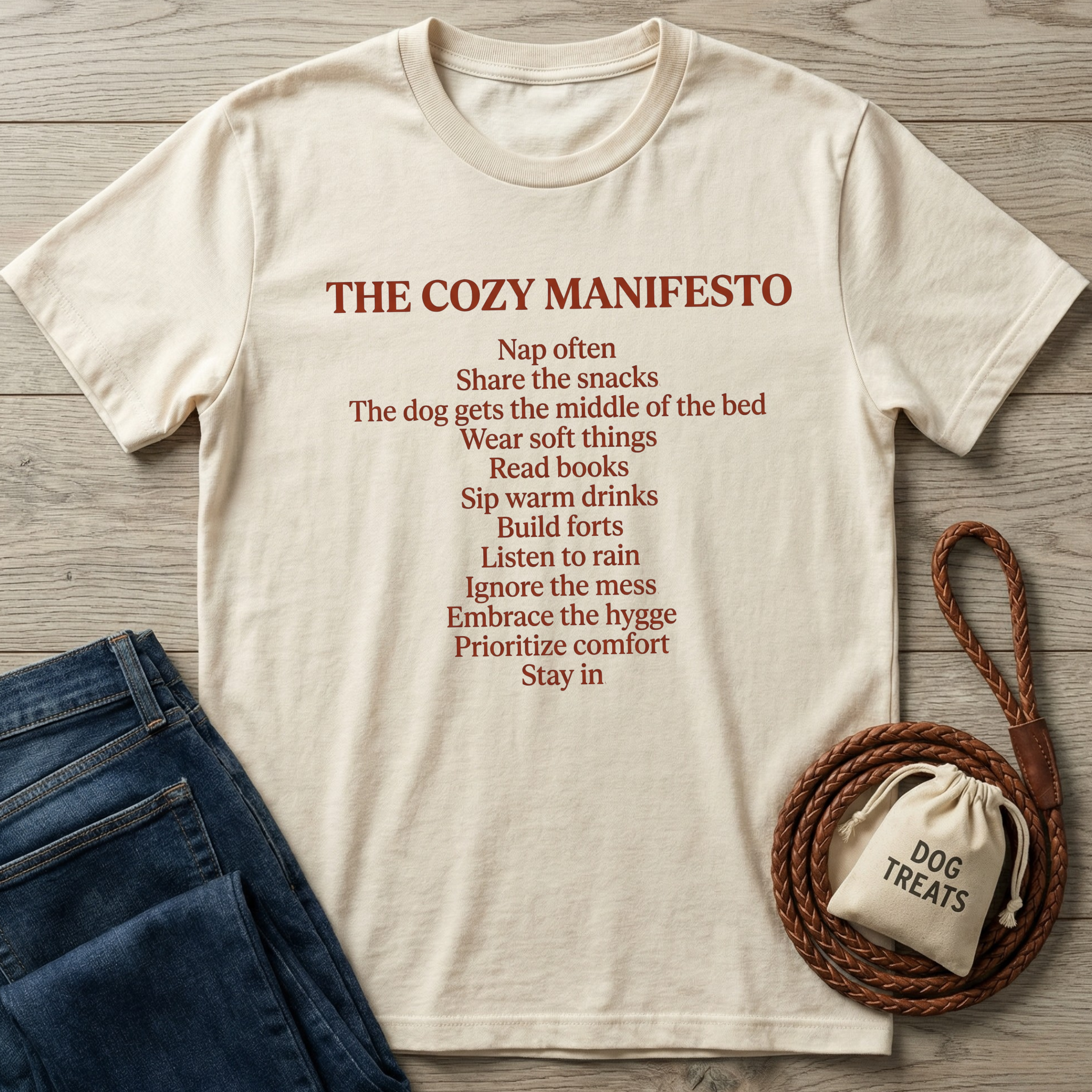 Cream t-shirt with "The Cozy Manifesto" text in brown, paired with jeans and a dog treats bag.