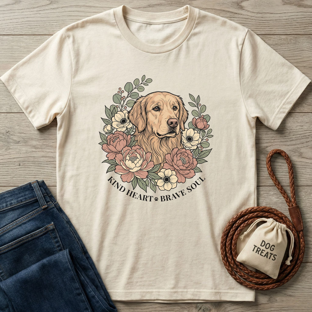 Cream Gildan Softstyle t-shirt with a golden retriever surrounded by pink and cream flowers, "Kind Heart Brave Soul" text.