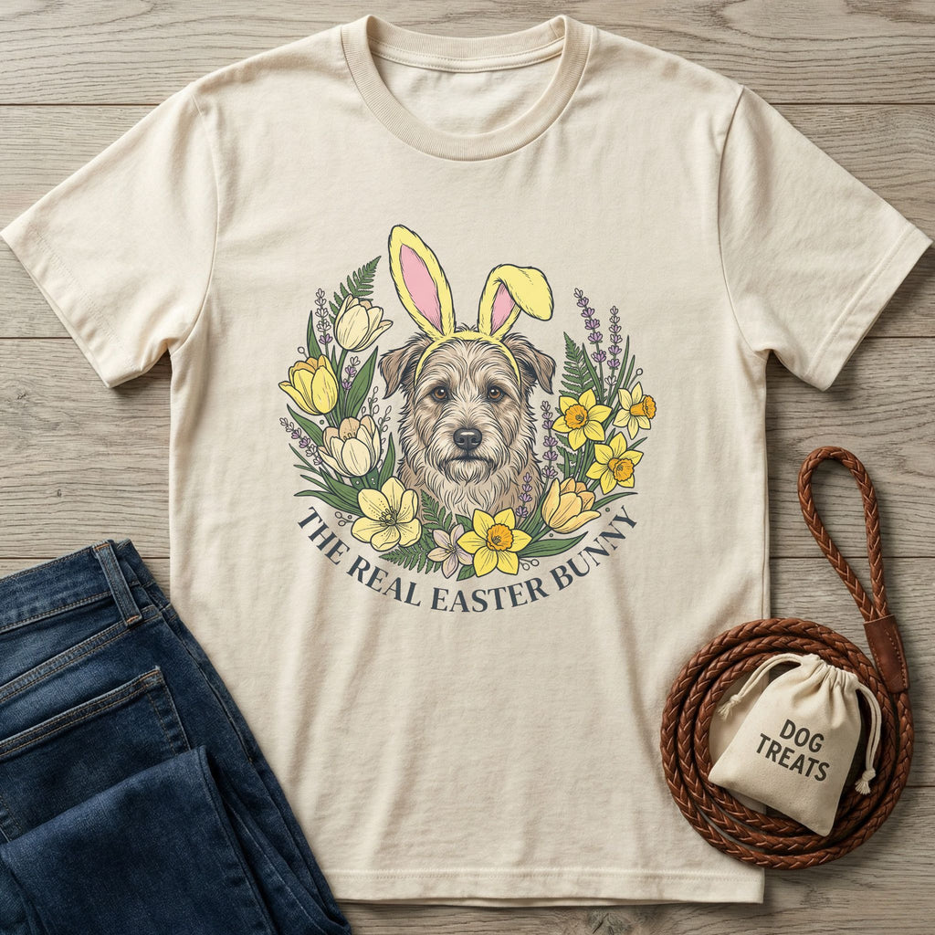 Cream Gildan Softstyle t-shirt with a terrier wearing bunny ears, surrounded by spring flowers and "The Real Easter Bunny" text.