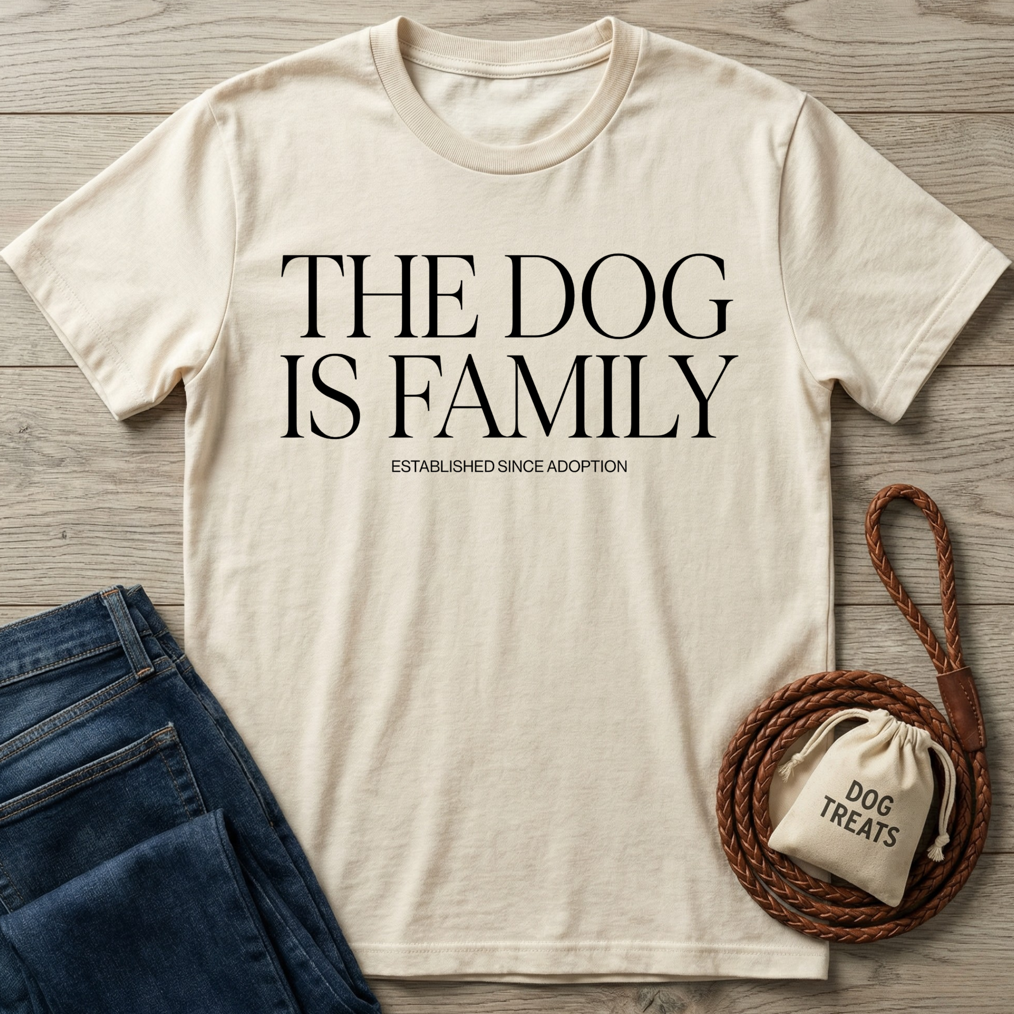 Cream "The Dog Is Family" t-shirt with jeans, a braided leash, and a "Dog Treats" pouch.