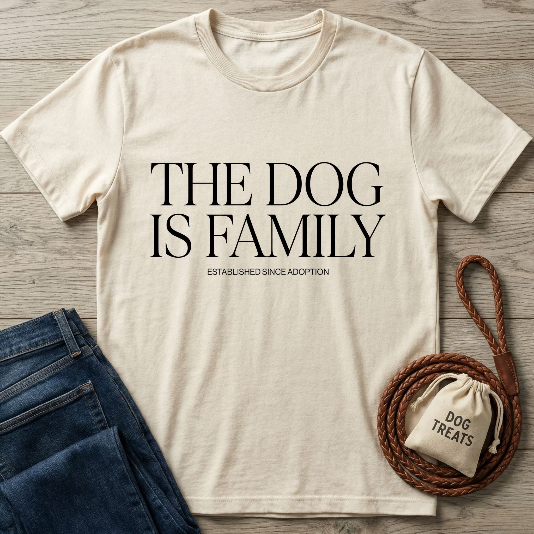 Cream Gildan Softstyle® t-shirt with "THE DOG IS FAMILY" text, blue jeans, and dog treats bag.