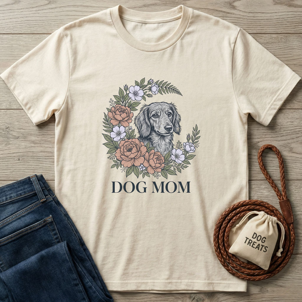 Cream Gildan Softstyle Dog Mom t-shirt with a floral wreath and dachshund graphic, next to jeans and a treat bag.