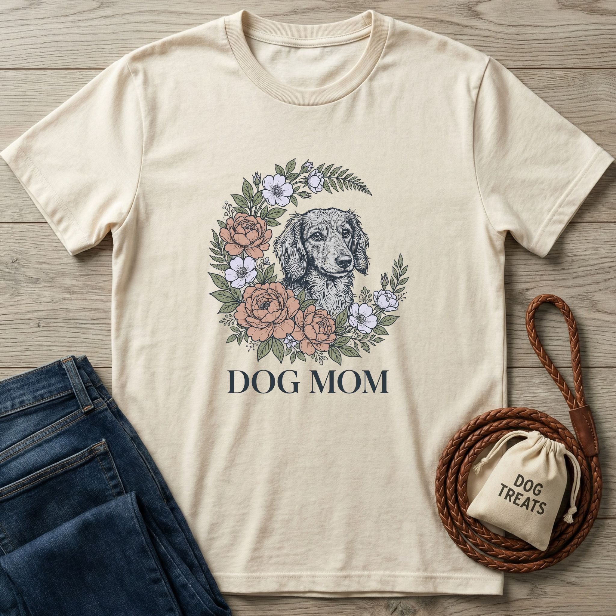 Cream Gildan Softstyle Dog Mom t-shirt with a floral wreath and dachshund graphic, next to jeans and a treat bag.