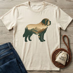 Cream Gildan Softstyle T-shirt with a St. Bernard silhouette filled with a mountain and forest landscape.