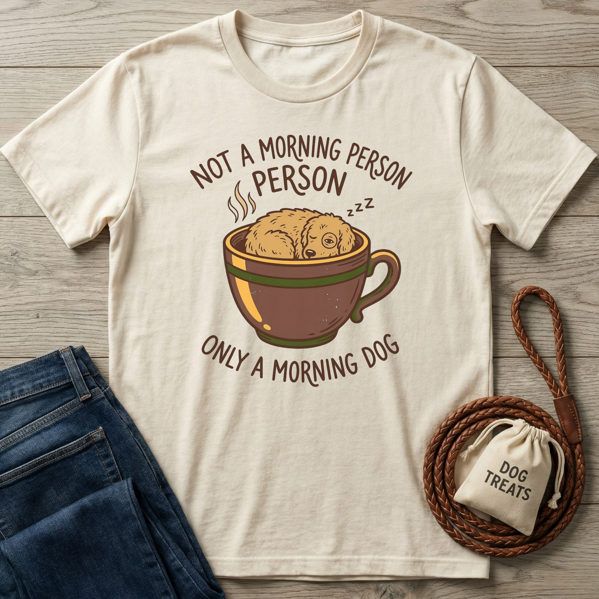 Cream Morning Dog T-shirt with sleeping puppy in a coffee cup design, next to jeans and a dog treats bag.