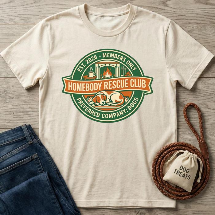 Beige t-shirt with 'Homebody Rescue Club' graphic on a wooden surface with jeans and a dog treat bag.