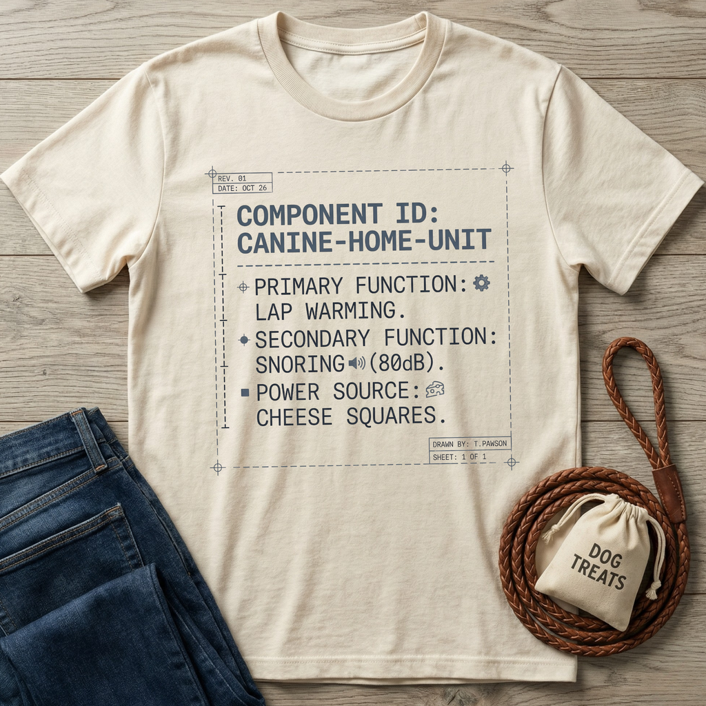 Beige cotton t-shirt with "Canine Home Unit" blueprint design, next to blue jeans and a dog treats bag.