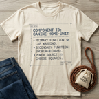 Beige cotton t-shirt with "Canine Home Unit" blueprint design, next to blue jeans and a dog treats bag.