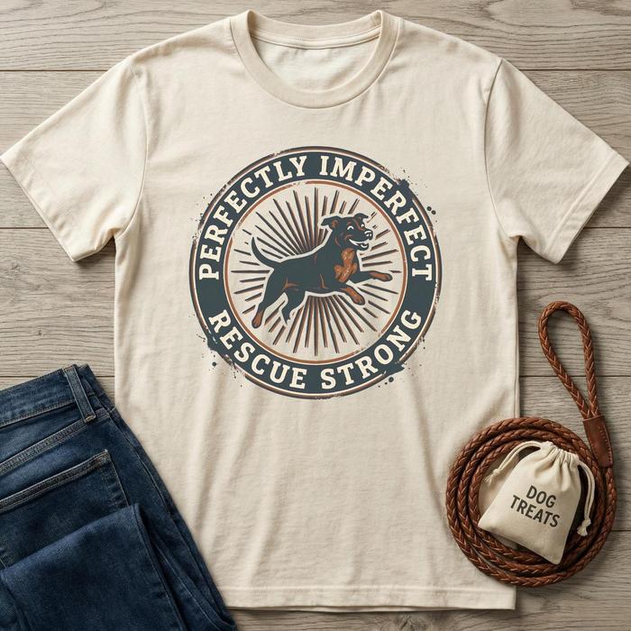 Cream t-shirt with "Perfectly Imperfect Rescue Strong" graphic featuring a running black dog.