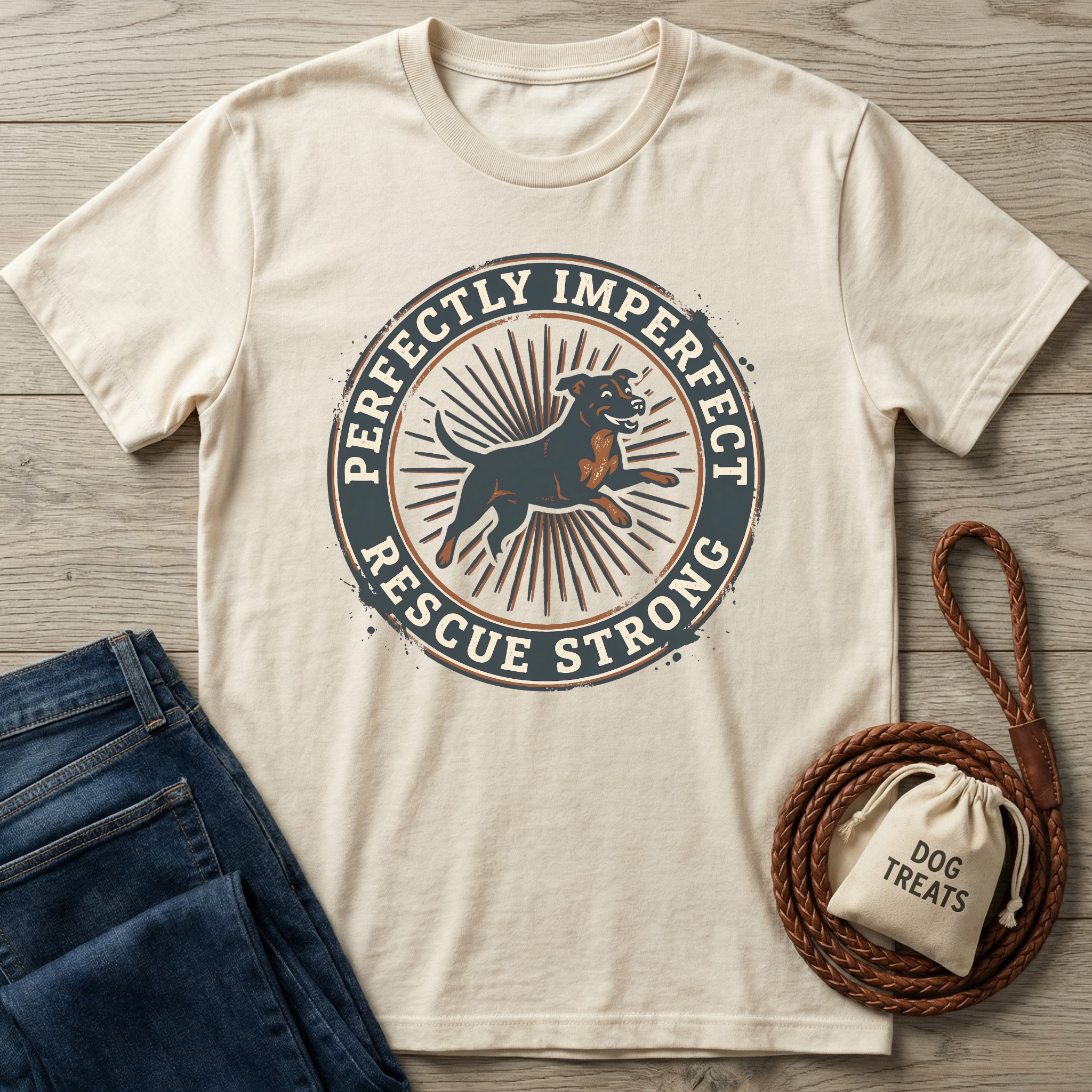 Cream t-shirt with "Perfectly Imperfect Rescue Strong" graphic featuring a running black dog.