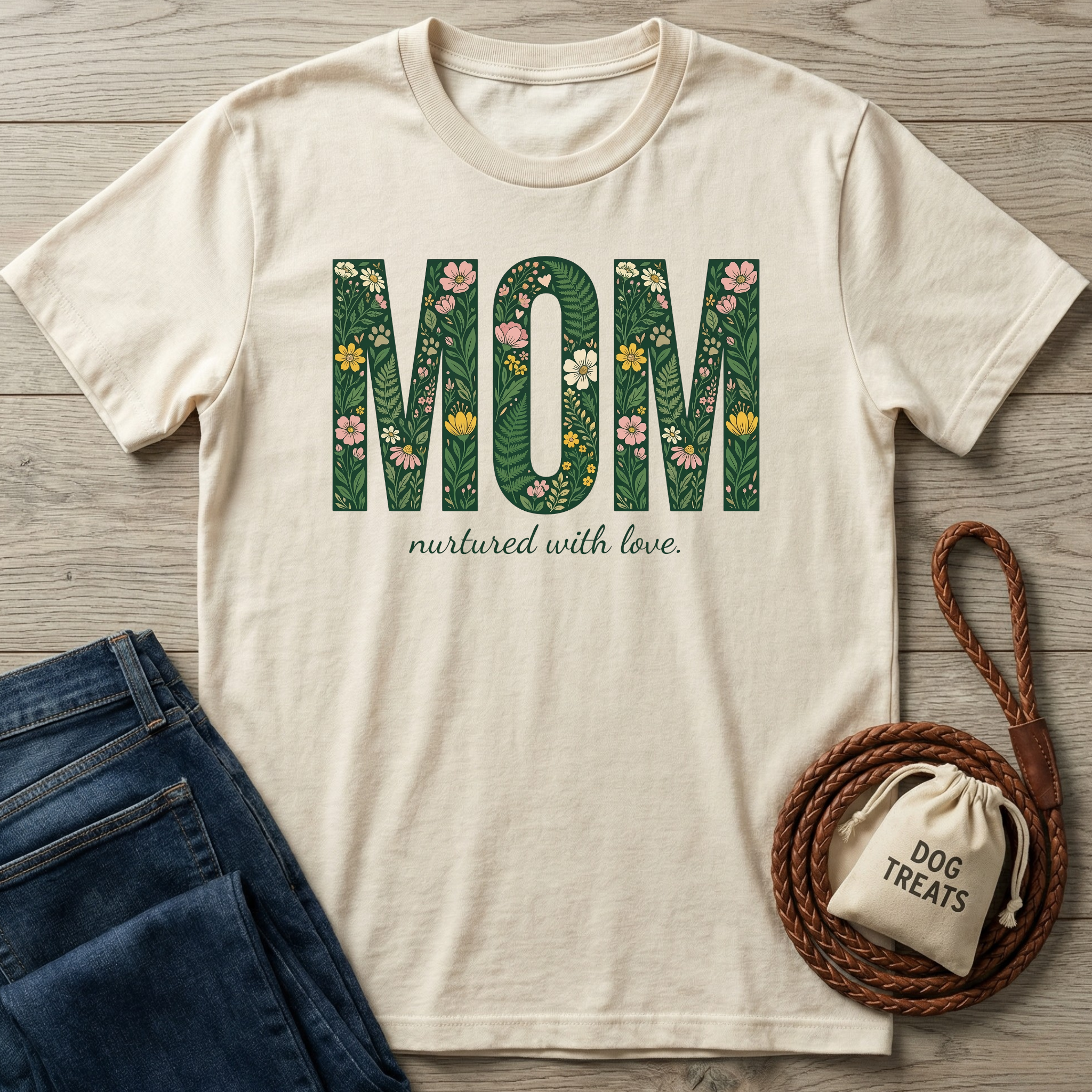 Cream short-sleeve t-shirt with "MOM nurtured with love" in floral green text.