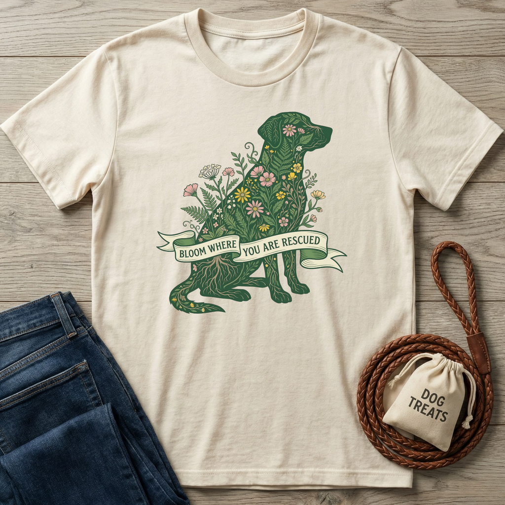 Cream cotton t-shirt with a green floral dog design and "Bloom Where You Are Rescued" banner.