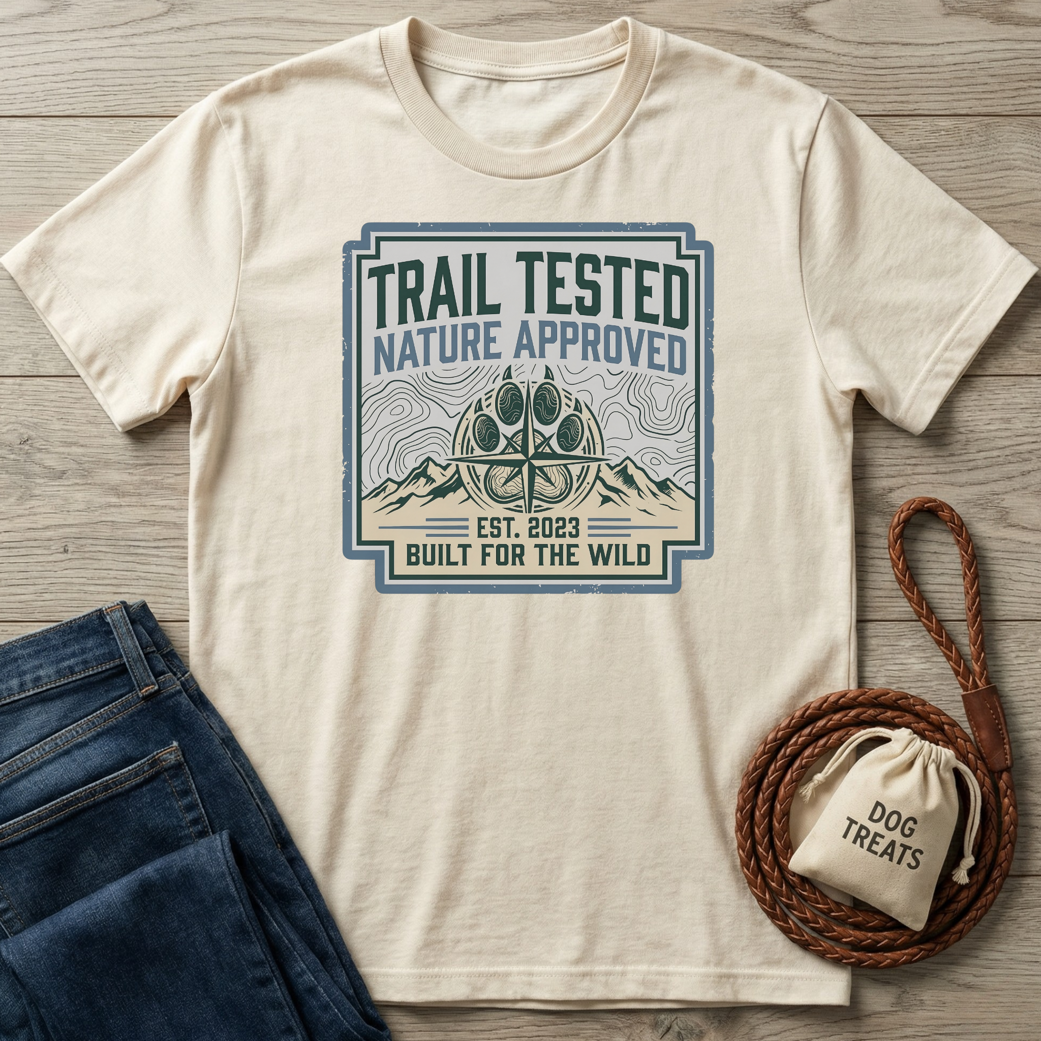 Beige t-shirt with 'Trail Tested, Nature Approved' graphic on a wooden surface with jeans and a dog treat bag.