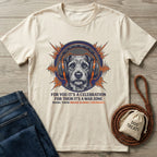 Cream Gildan Softstyle t-shirt with a graphic of a dog wearing headphones and text about fireworks.