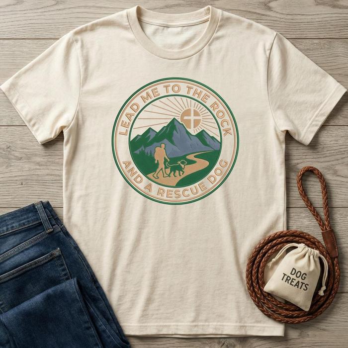 Cream cotton t-shirt with "Lead Me To The Rock And A Rescue Dog" graphic featuring mountains, sun, hiker, and dog.