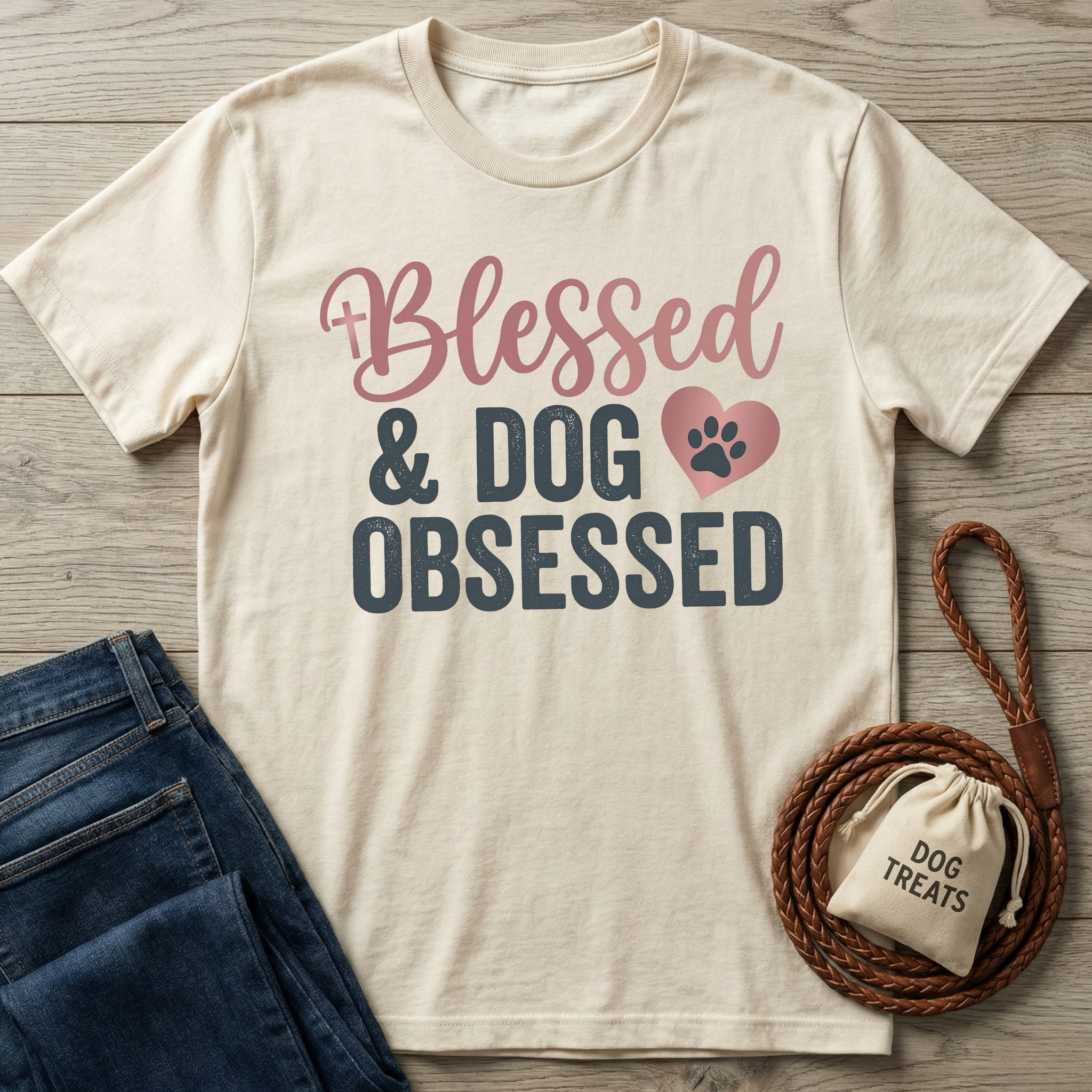 Cream short-sleeve t-shirt with "Blessed & Dog Obsessed" text in pink and dark gray, featuring a cross and paw print heart.