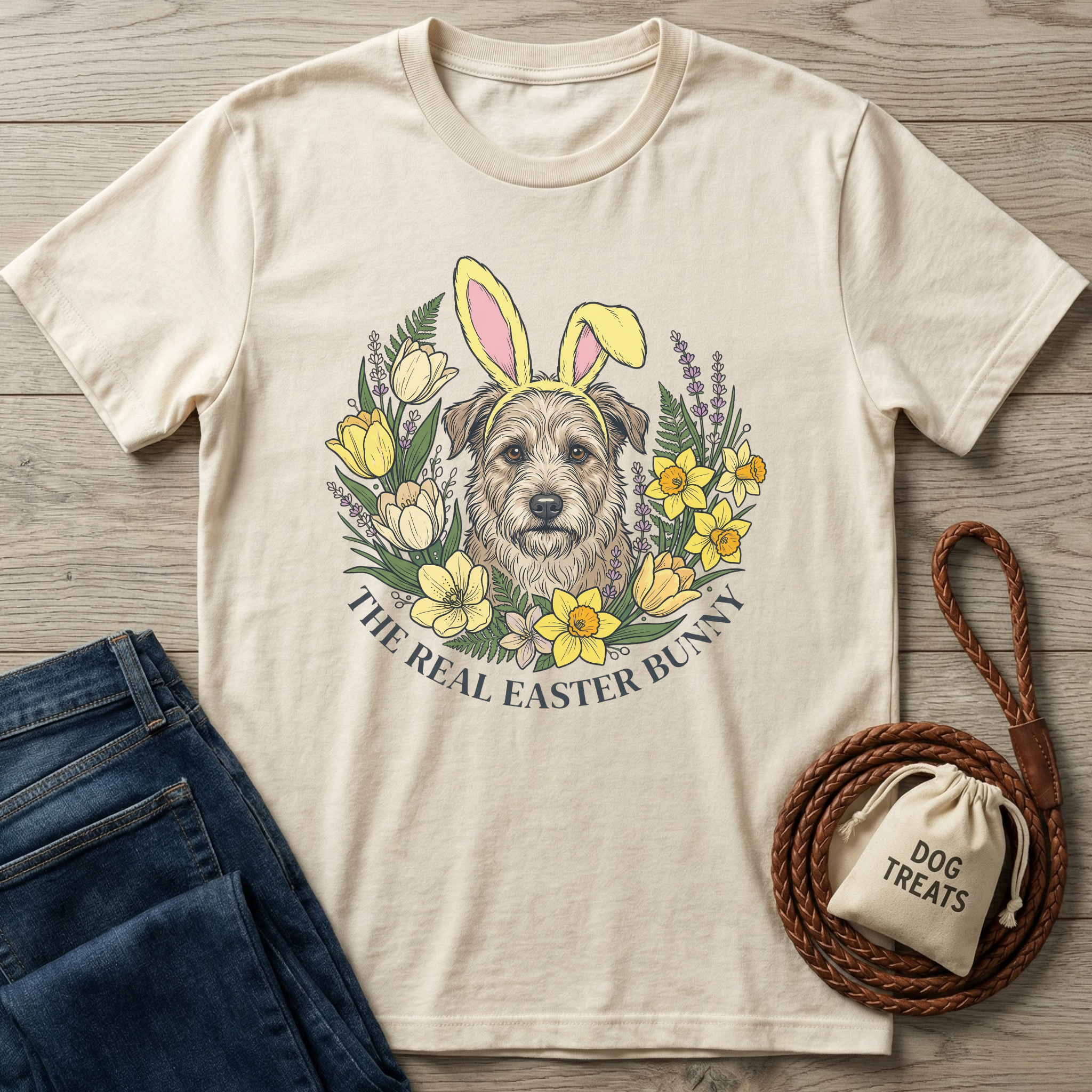 Cream "The Real Easter Bunny" t-shirt with a dog wearing bunny ears surrounded by yellow flowers.