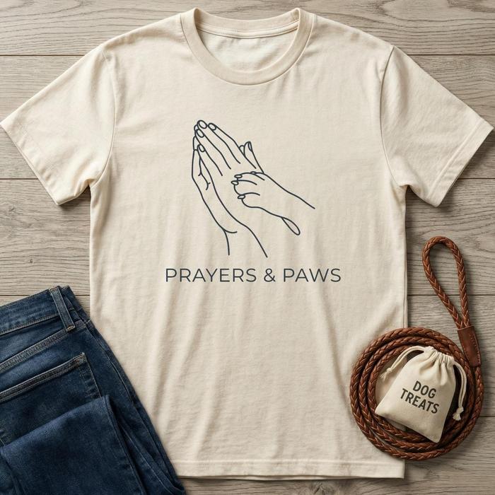 Cream cotton t-shirt with "Prayers & Paws" text and line art of praying hands with a paw.