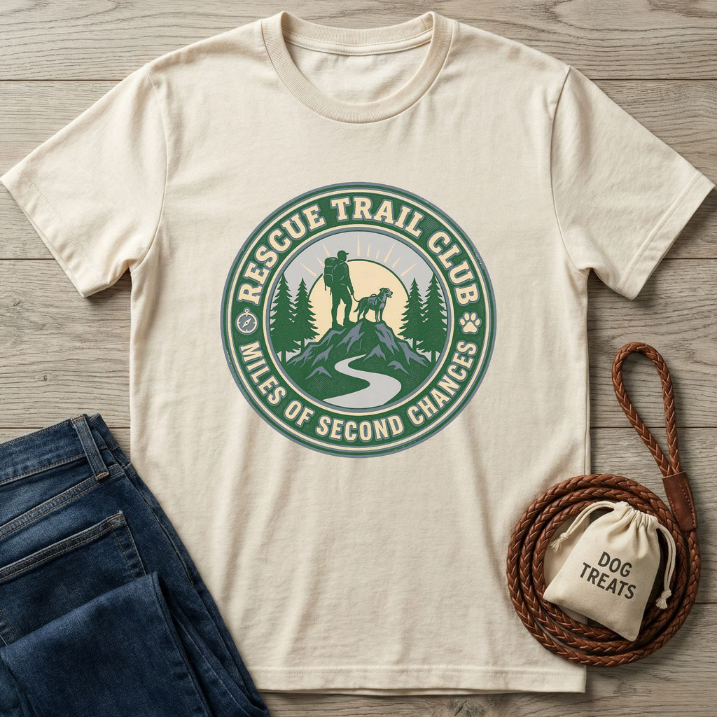 Rescue Trail Club T-shirt in natural, 100% ring-spun cotton, featuring a hiker and dog graphic.