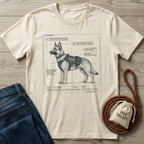 EEDU Dog T-shirt: Cream tee with detailed K-9 "Hopper" diagram, tactical vest, and dog treats bag.