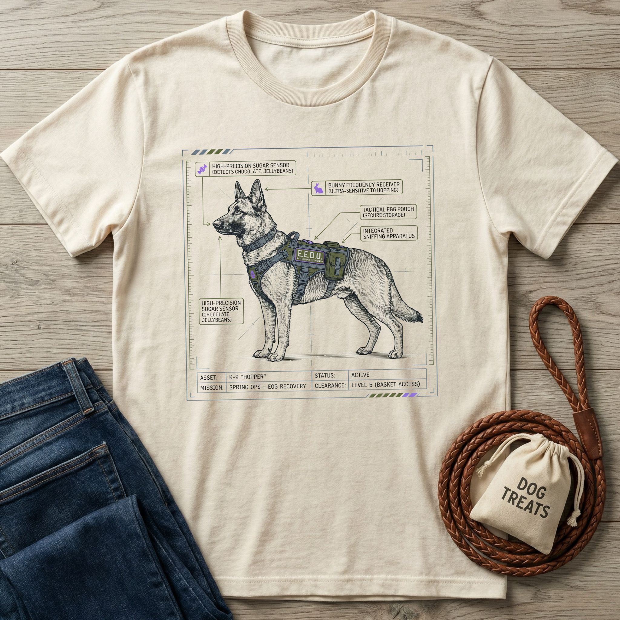 EEDU Dog T-shirt: Cream tee with detailed K-9 "Hopper" diagram, tactical vest, and dog treats bag.