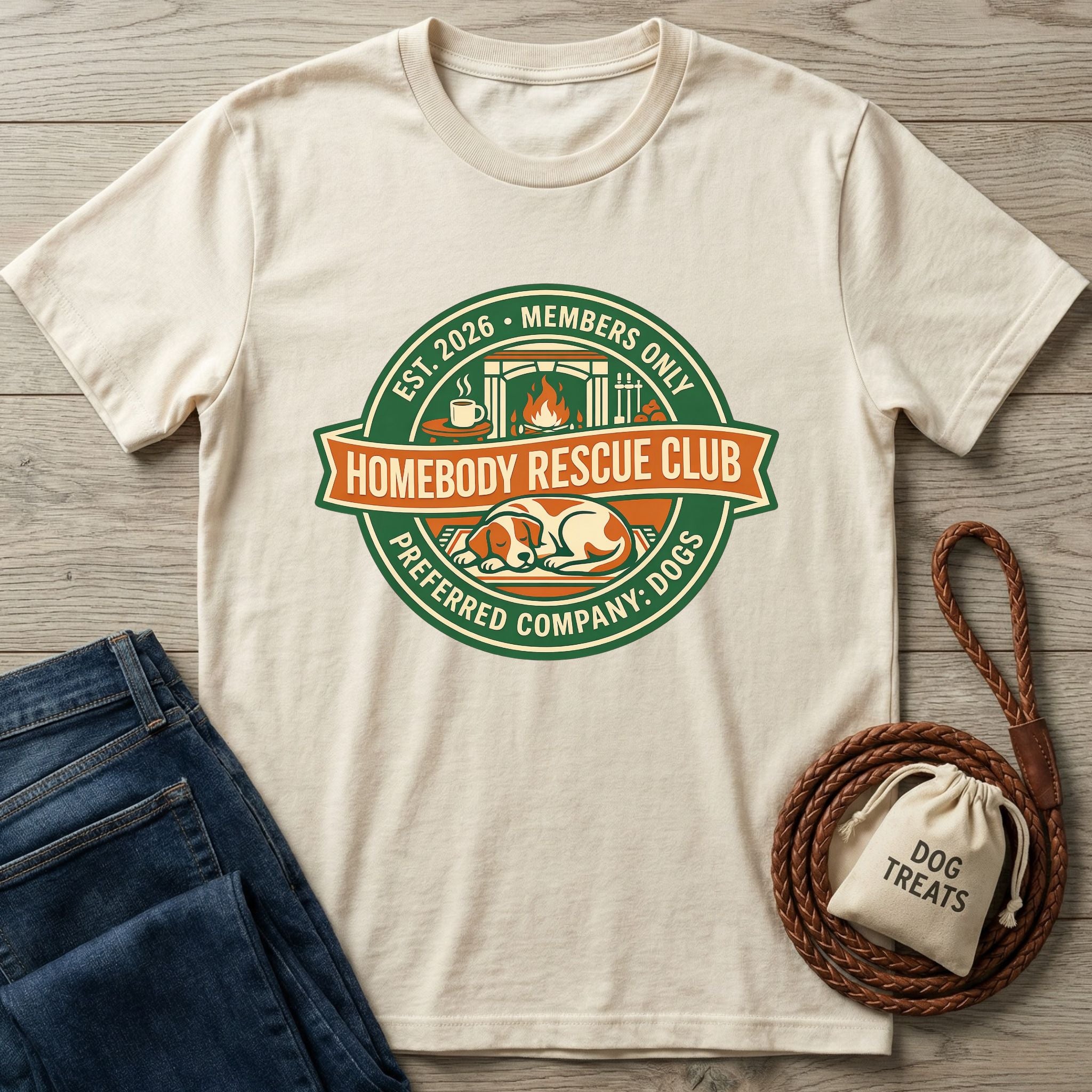 Cream Homebody Rescue Club T-shirt with a sleeping dog logo, next to blue jeans and a treat bag.