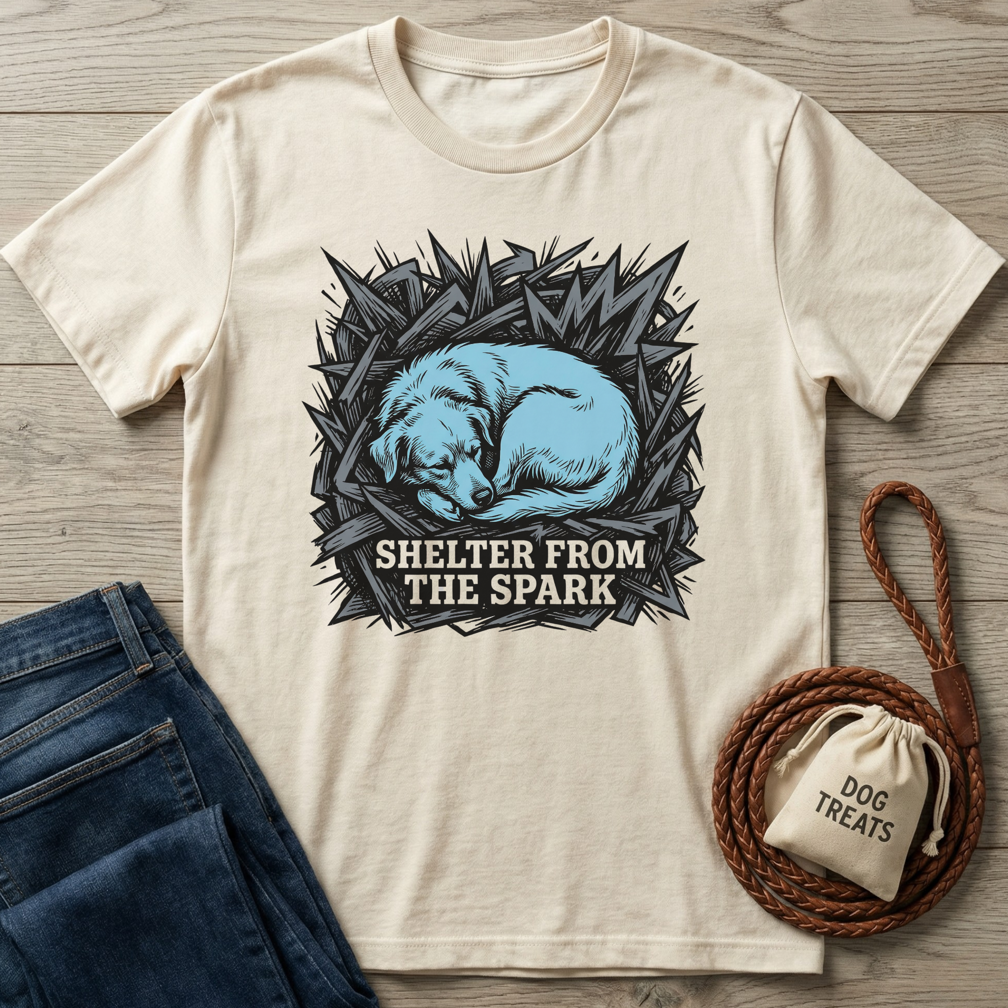 Cream cotton t-shirt with a blue sleeping dog graphic and "Shelter From The Spark" text.