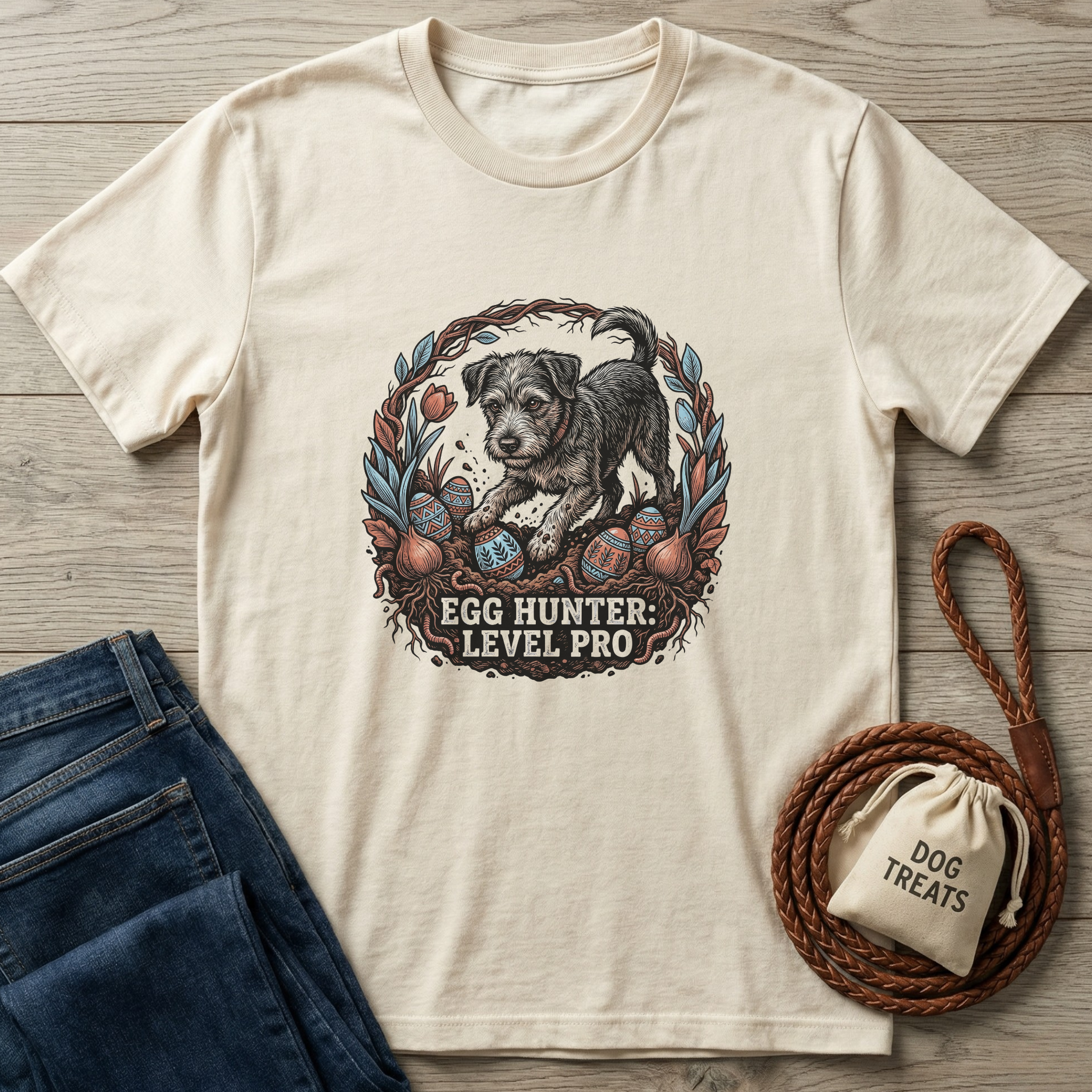 Cream Gildan Softstyle® t-shirt with "Egg Hunter: Level Pro" graphic featuring a terrier, Easter eggs, and onions.