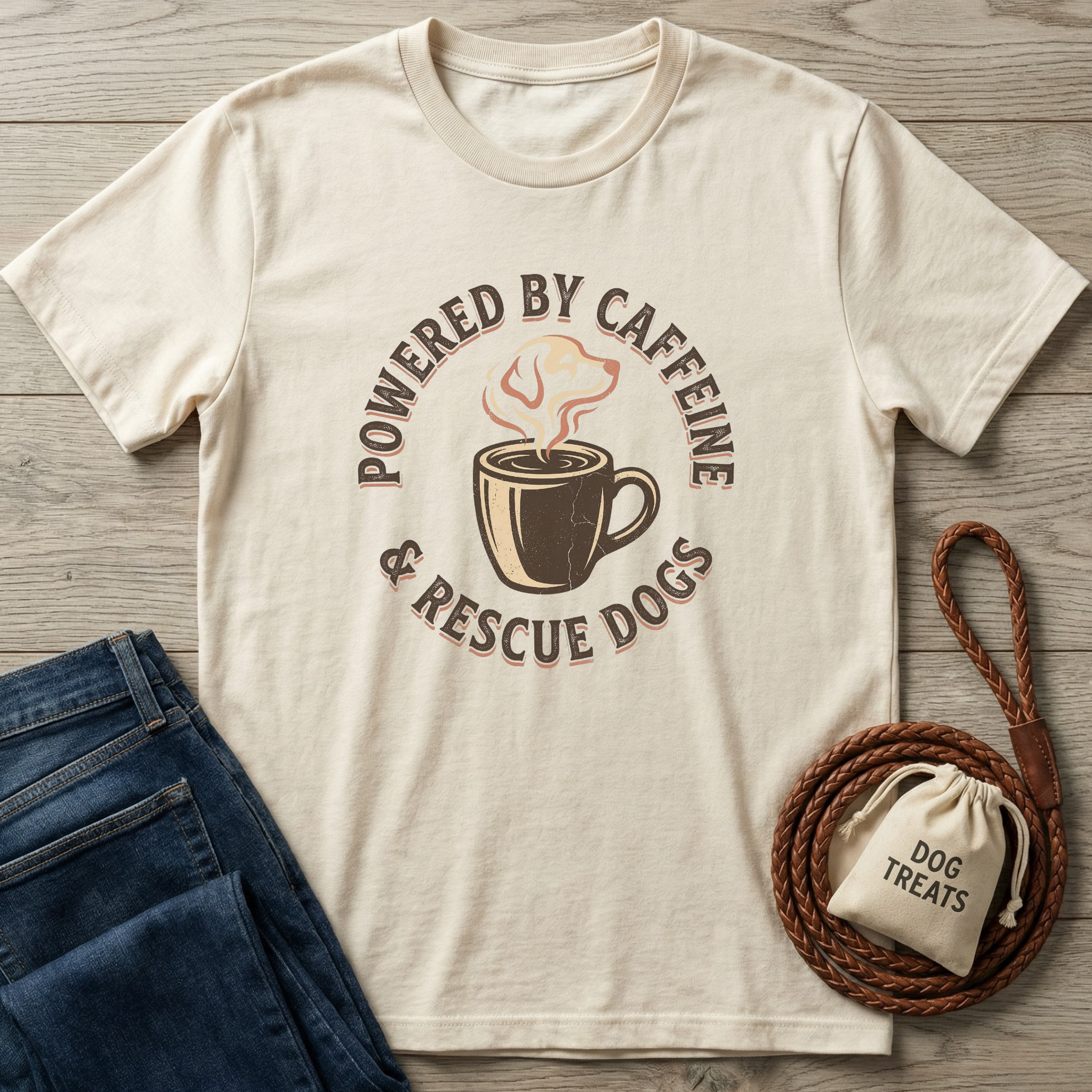 Cream t-shirt with "Powered By Caffeine & Rescue Dogs" graphic, featuring a coffee cup and dog silhouette.
