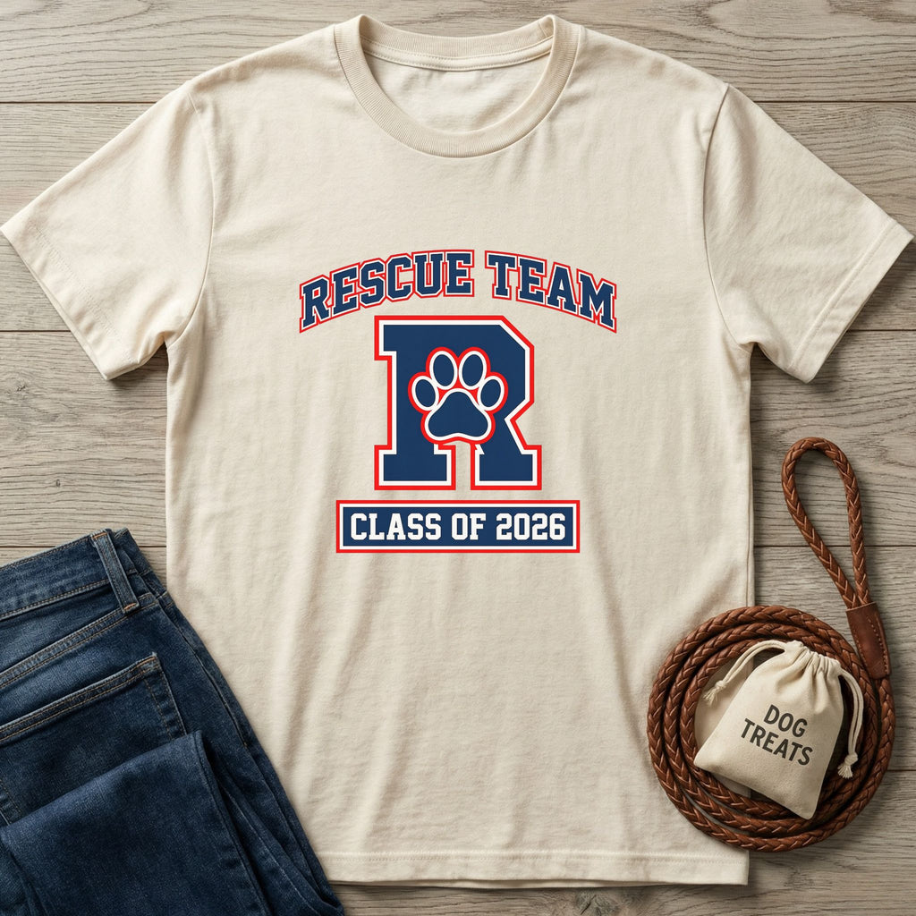 Cream Gildan Softstyle® "Rescue Team R Class of 2026" tee with dog paw print, next to jeans and dog treats.